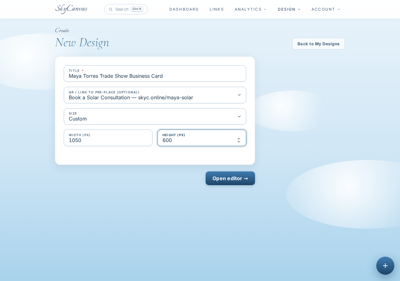 New marketing material setup with the business card title, custom size, and consultation link selected