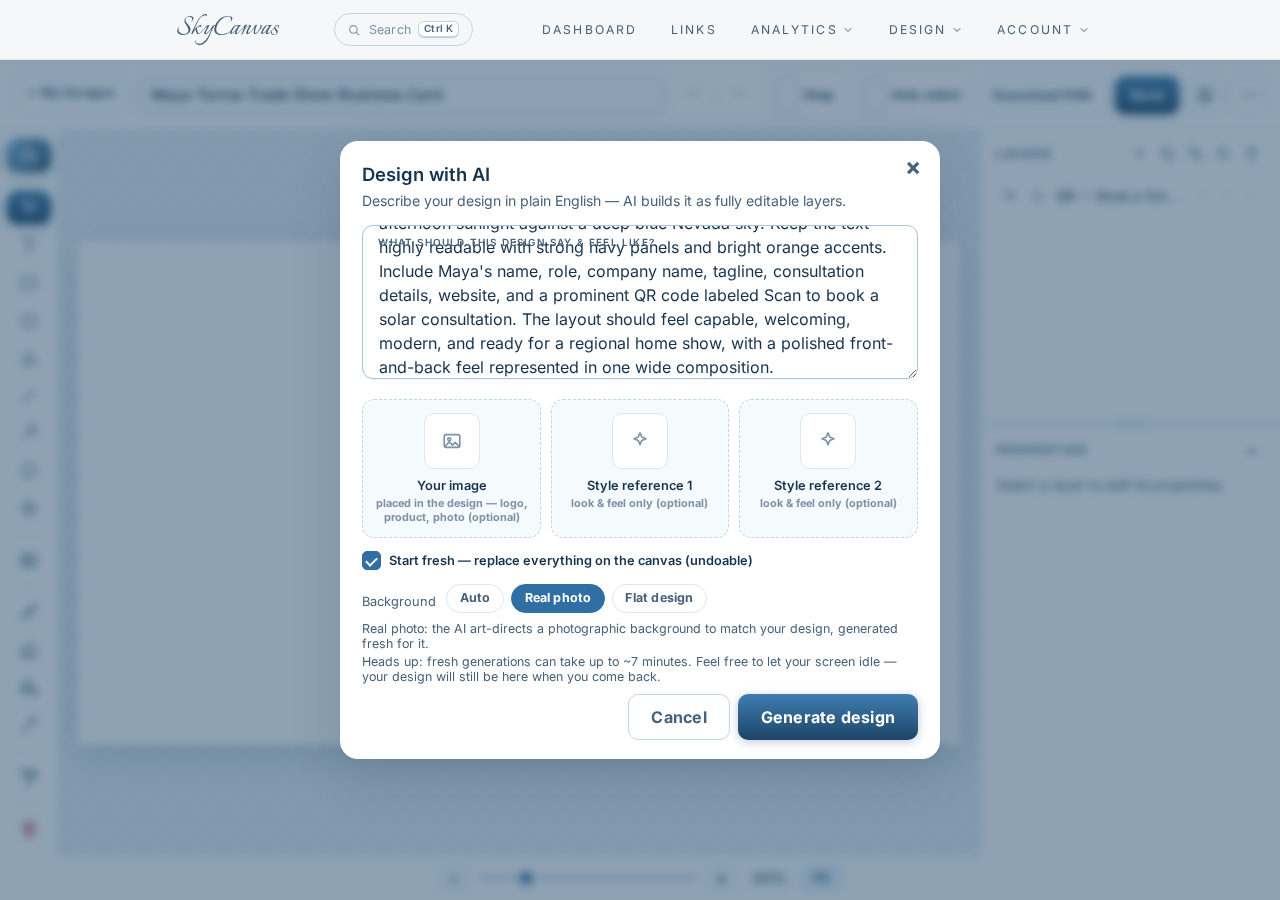Design with AI modal containing the business card brief with Real photo background mode selected