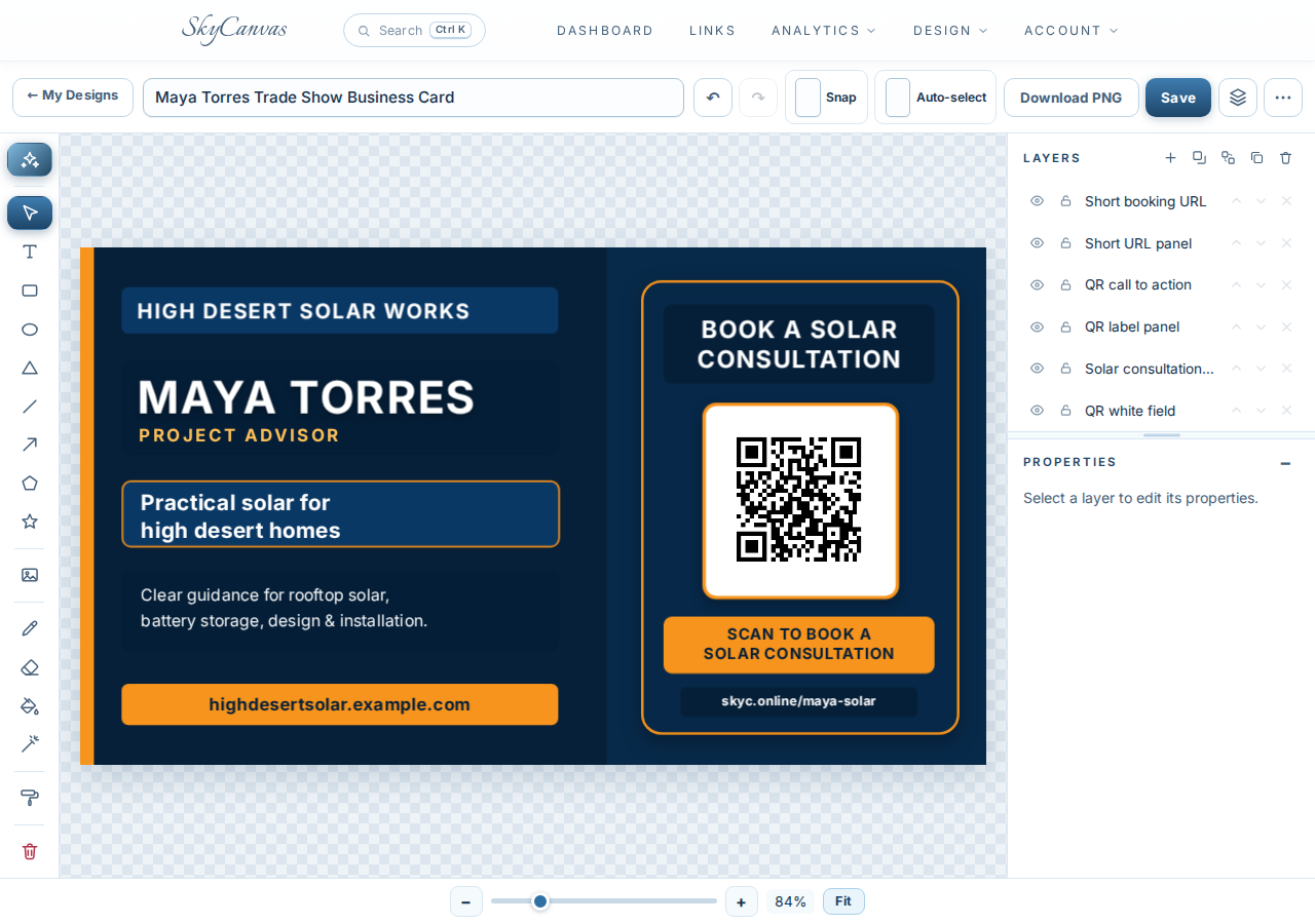 Finished navy and orange Maya Torres business card with consultation QR code displayed as editable layers