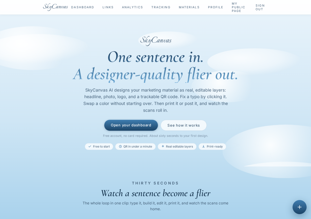 The SkyCanvas homepage at skycanvas.online.