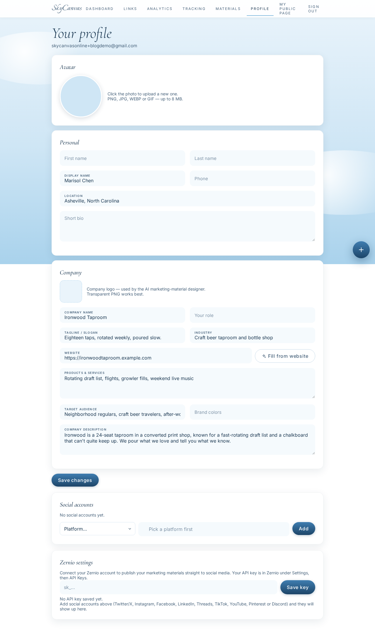 The profile page filled in with the business details for Ironwood Taproom (name, tagline, industry, services, audience).