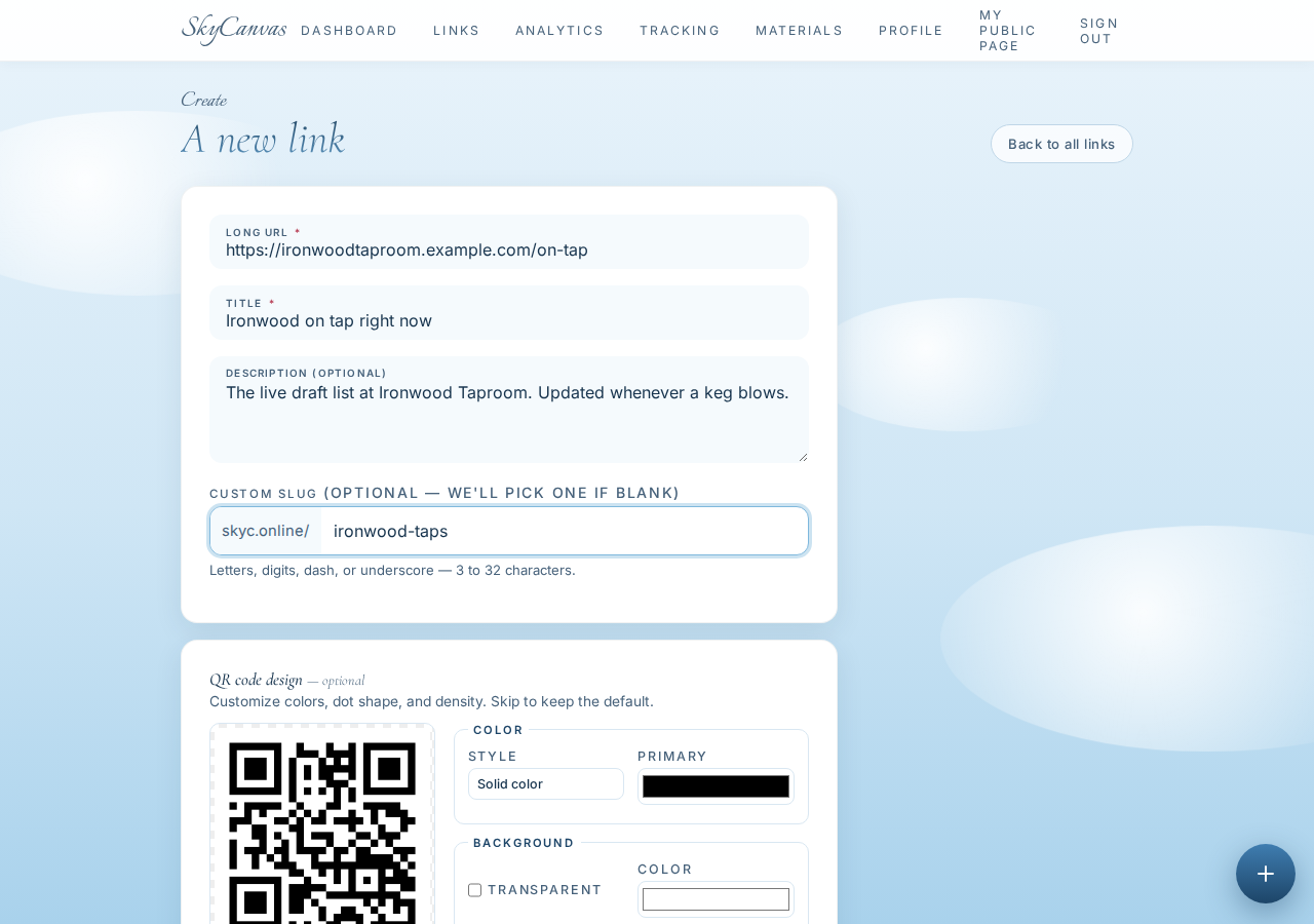 The "new short link" form filled in: destination URL, title, description and custom slug, with the live QR preview on the right.