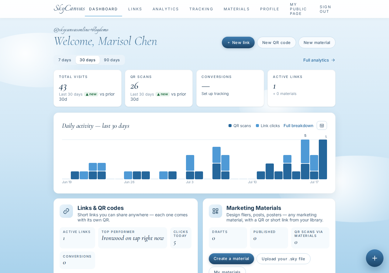 The SkyCanvas dashboard: KPI tiles for clicks, QR scans, conversions and links, plus the daily activity chart.