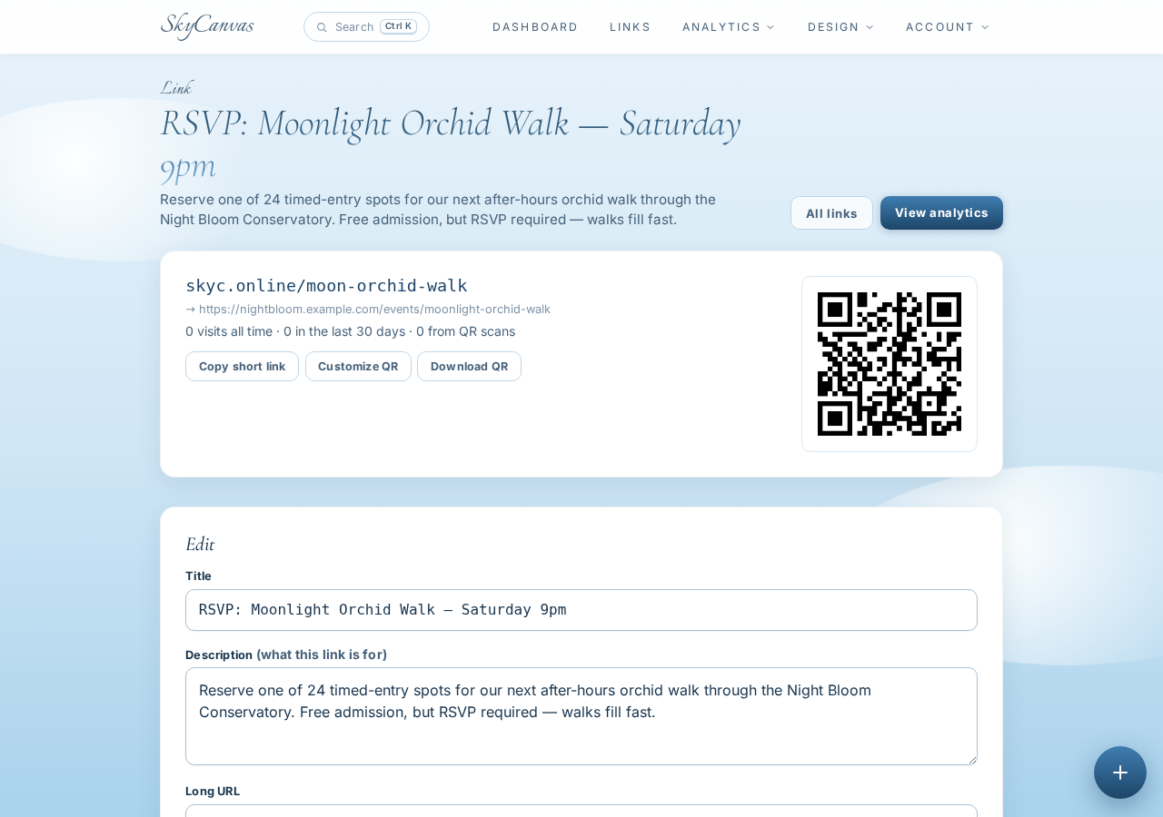 The link detail page right after creating the short link: the short URL, the destination, and the generated QR code ready to download.