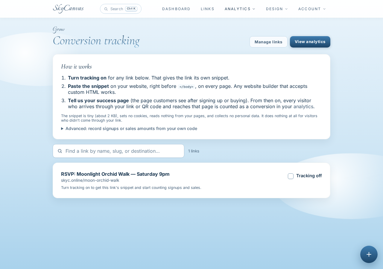 The conversion tracking page: the one-line snippet you paste on your site so SkyCanvas can attribute signups and sales to each link.